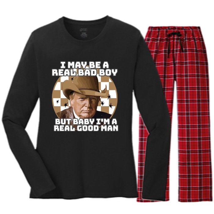 Trump 2024 I May Be A Real Bad Boy But Baby I’M A Real Good Man Women's Long Sleeve Flannel Pajama Set 