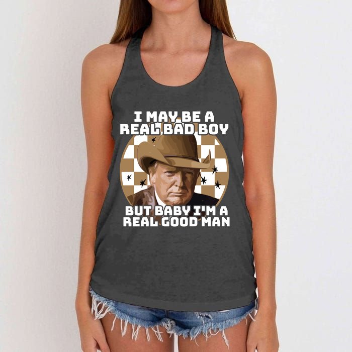 Trump 2024 I May Be A Real Bad Boy But Baby I’M A Real Good Man Women's Knotted Racerback Tank