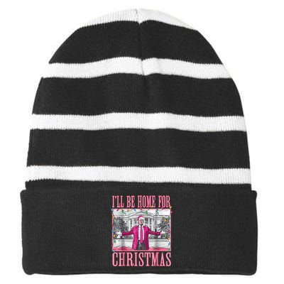 Trump 2024 ILl Be Home For Christmas Santa Trump 2024 Striped Beanie with Solid Band