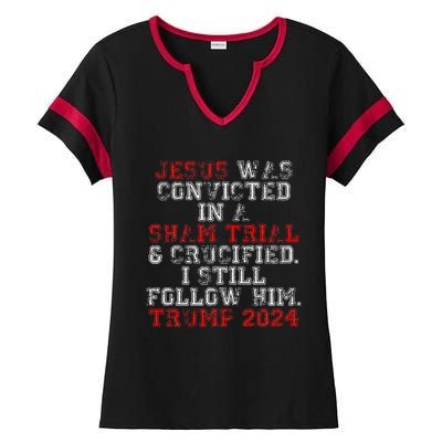 Trump 2024 Jesus Was Convicted Convict Felon President Vote Ladies Halftime Notch Neck Tee