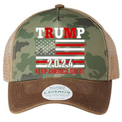 Trump 2024 Keep America Great Usa Flag Front And Back Legacy Tie Dye Trucker Hat