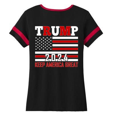 Trump 2024 Keep America Great Usa Flag Front And Back Ladies Halftime Notch Neck Tee