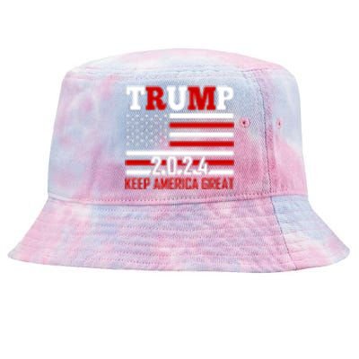 Trump 2024 Keep America Great Usa Flag Front And Back Tie-Dyed Bucket Hat