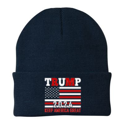 Trump 2024 Keep America Great Usa Flag Front And Back Knit Cap Winter Beanie