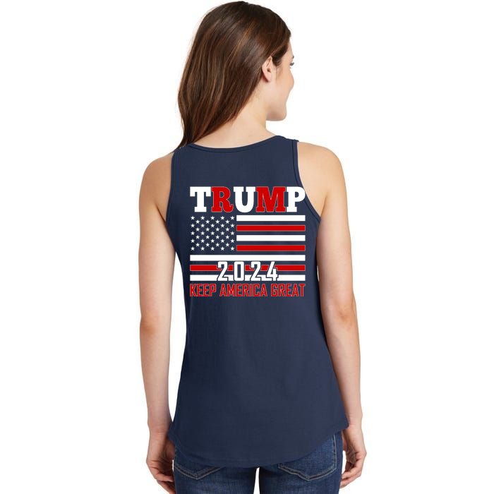 Trump 2024 Keep America Great Usa Flag Front And Back Ladies Essential Tank