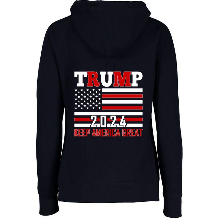 Trump 2024 Keep America Great Usa Flag Front And Back Womens Funnel Neck Pullover Hood