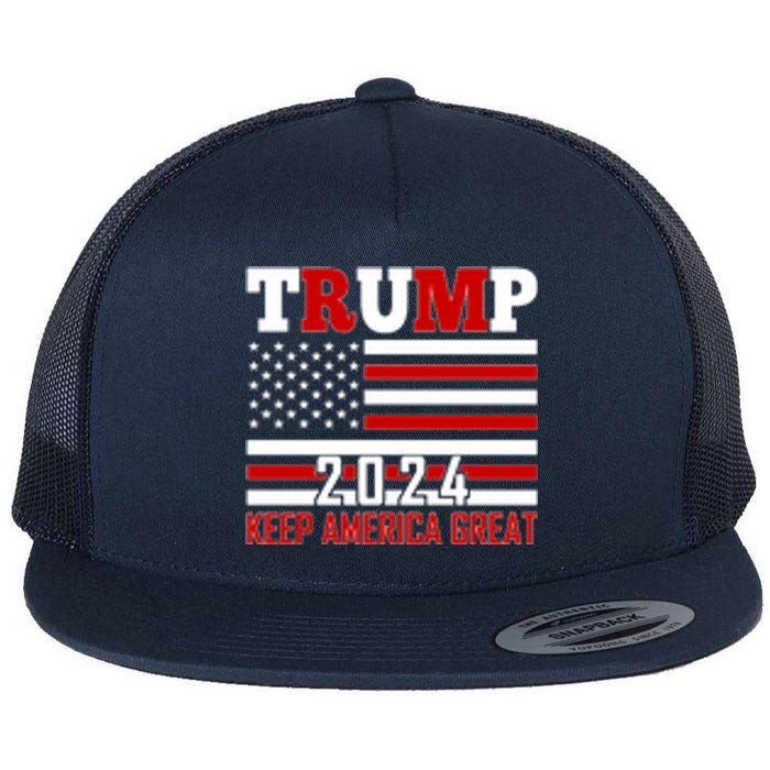 Trump 2024 Keep America Great Usa Flag Front And Back Flat Bill Trucker Hat