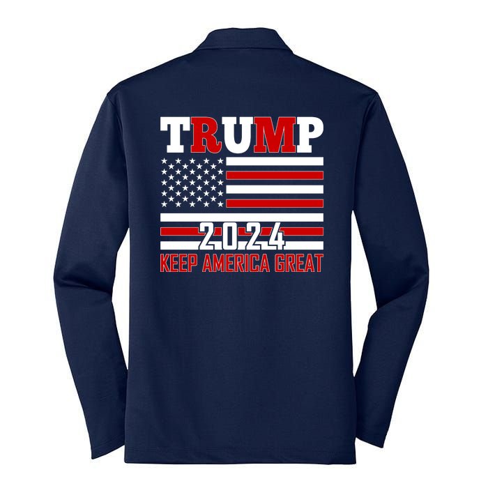 Trump 2024 Keep America Great Usa Flag Front And Back Silk Touch Performance Long Sleeve Polo