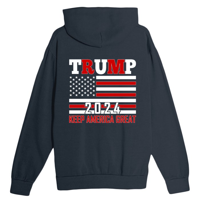 Trump 2024 Keep America Great Usa Flag Front And Back Urban Pullover Hoodie