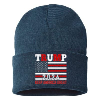 Trump 2024 Keep America Great Usa Flag Front And Back Sustainable Knit Beanie