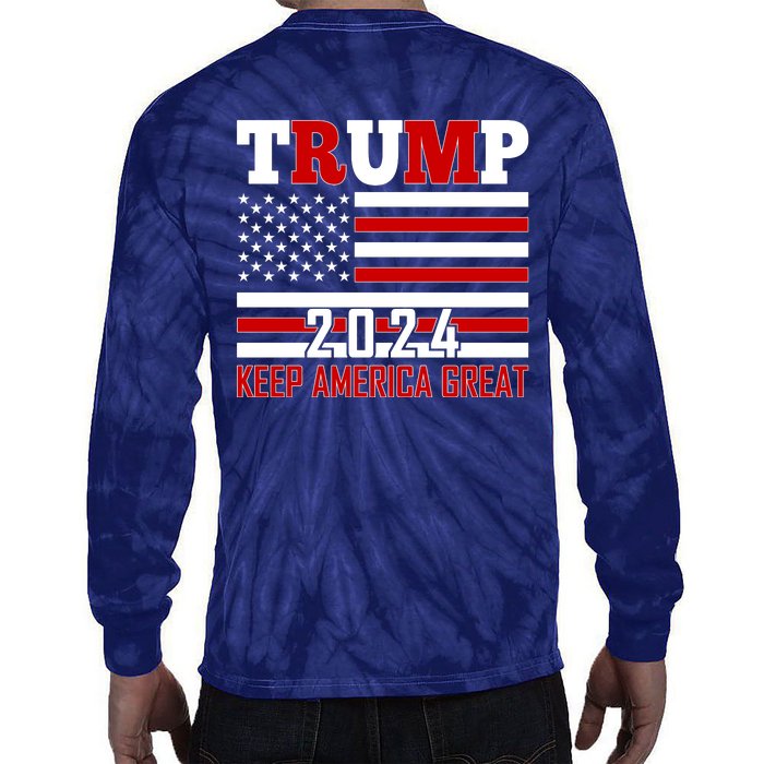 Trump 2024 Keep America Great Usa Flag Front And Back Tie-Dye Long Sleeve Shirt