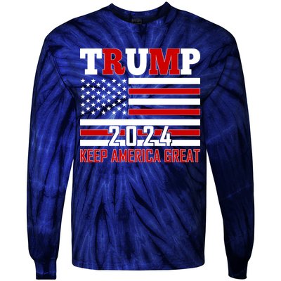 Trump 2024 Keep America Great Usa Flag Front And Back Tie-Dye Long Sleeve Shirt