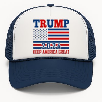 Trump 2024 Keep America Great Usa Flag Front And Back Trucker Hat