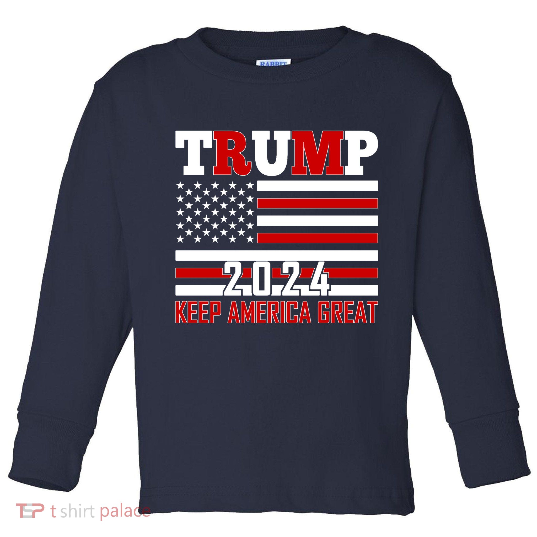 Trump 2024 Keep America Great Usa Flag Front And Back Toddler Long Sleeve Shirt