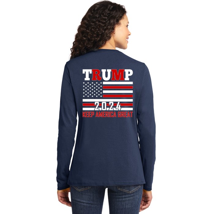 Trump 2024 Keep America Great Usa Flag Front And Back Ladies Long Sleeve Shirt