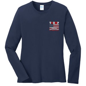 Trump 2024 Keep America Great Usa Flag Front And Back Ladies Long Sleeve Shirt