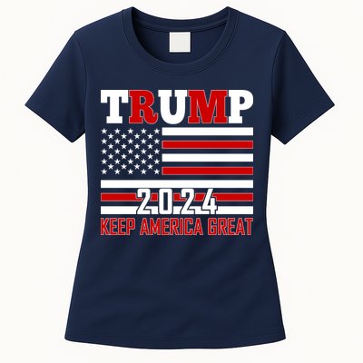 Trump 2024 Keep America Great Usa Flag Front And Back Womens T-Shirt