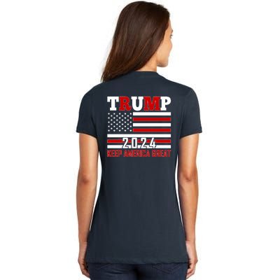 Trump 2024 Keep America Great Usa Flag Front And Back Women's V-Neck T-Shirt