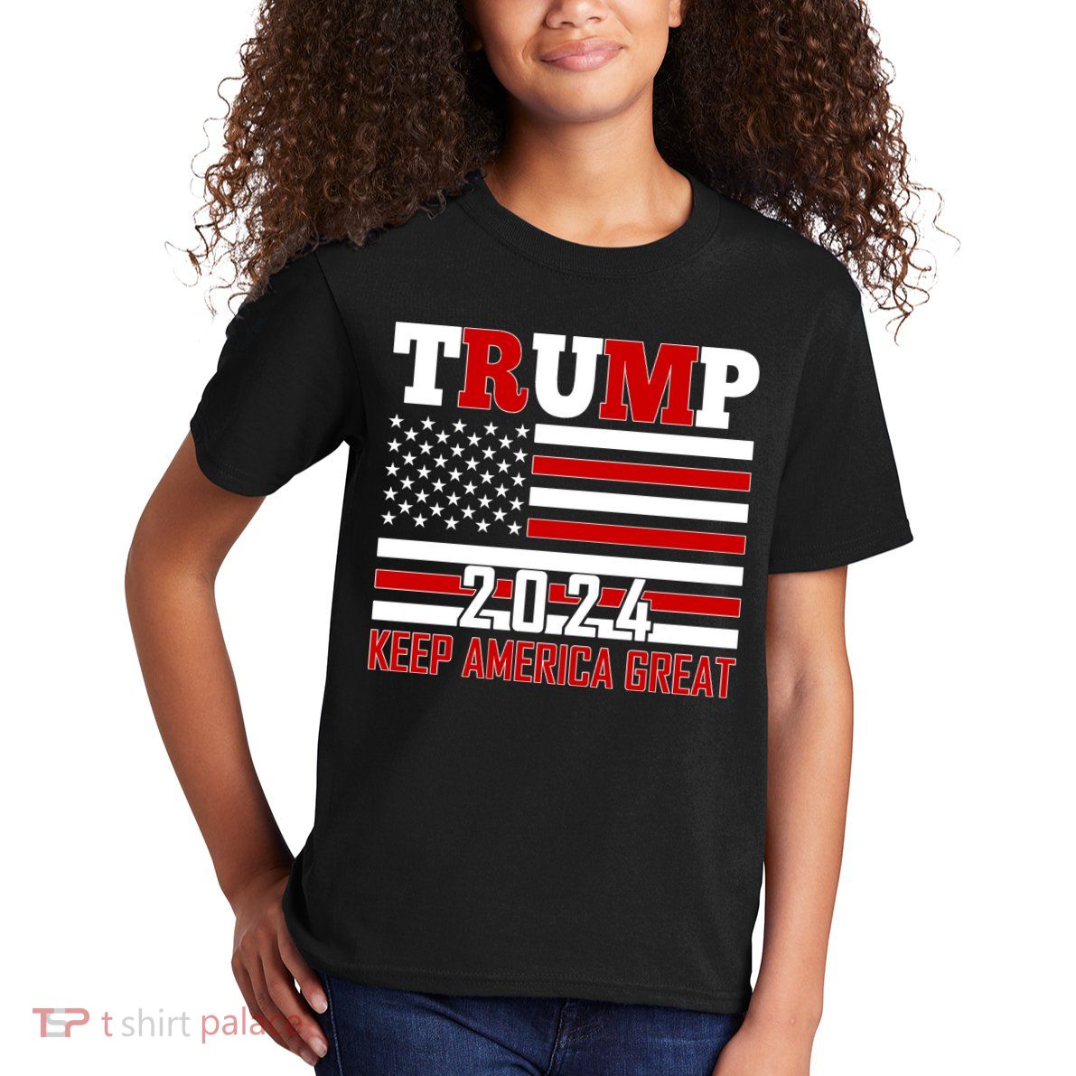 Trump 2024 Keep America Great Usa Flag Front And Back Kids T-Shirt