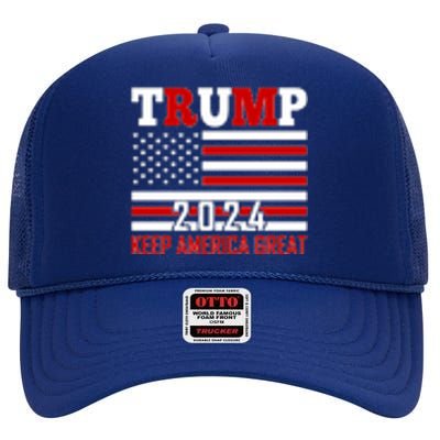 Trump 2024 Keep America Great Usa Flag Front And Back High Crown Mesh Back Trucker Hat