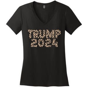 Trump 2024 Leopard Print Support Graphic Women's V-Neck T-Shirt