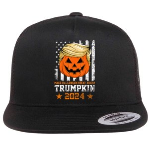 Trumpkin 2024 Make Halloween Great Again American Flag Design Flat Bill Trucker Hat