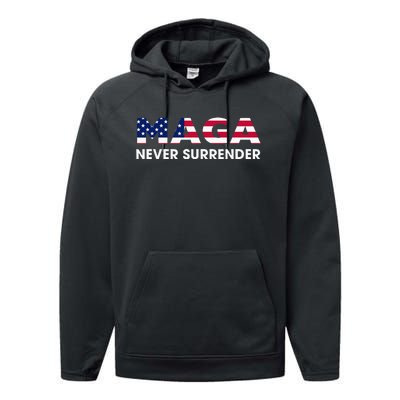 Trump 2024 Maga Never Surrender Performance Fleece Hoodie