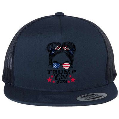 Trump 2024 Messy Bun American Flag Trump 2024 Gift Flat Bill Trucker Hat