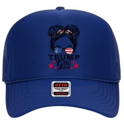 Trump 2024 Messy Bun American Flag Trump 2024 Gift High Crown Mesh Back Trucker Hat