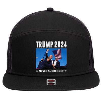 Trump 2024 Never Surrender Trump Assassinated 7 Panel Mesh Trucker Snapback Hat