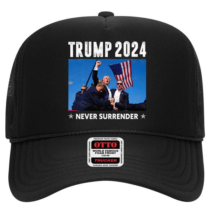 Trump 2024 Never Surrender Trump Assassinated High Crown Mesh Back Trucker Hat