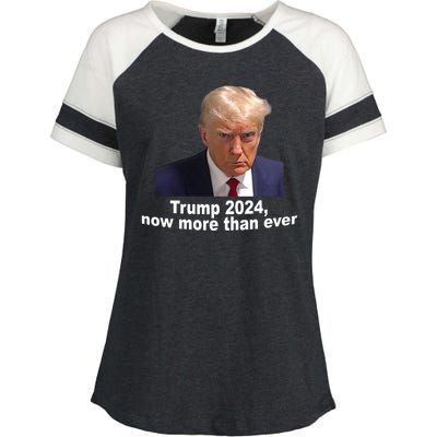 Trump 2024 Now More Than Ever Mugshot Political Enza Ladies Jersey Colorblock Tee