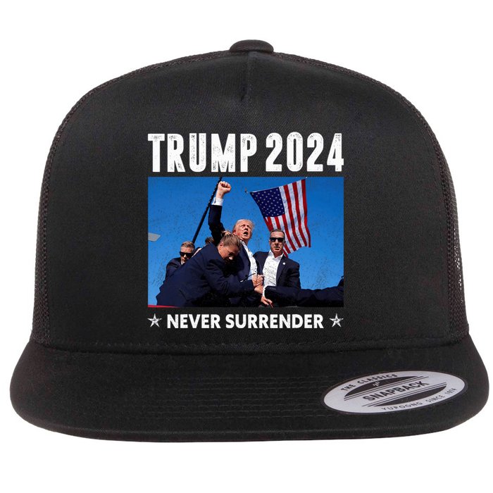 Trump 2024 Never Surrender Trump Assassinated Flat Bill Trucker Hat