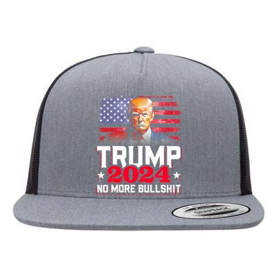 Trump 2024 No More Bull Shit America Flag Flat Bill Trucker Hat