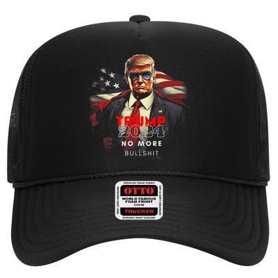 Trump 2024 No More Bullshit American Flag High Crown Mesh Back Trucker Hat