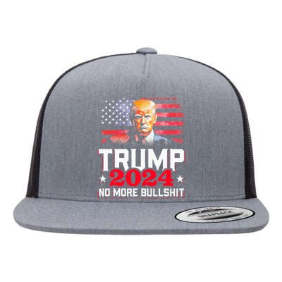 Trump 2024 No More Bull Shit America Flag Flat Bill Trucker Hat