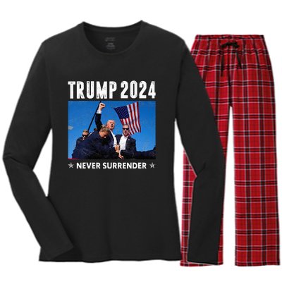 Trump 2024 Never Surrender Trump Assassinated Women's Long Sleeve Flannel Pajama Set 