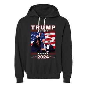 Trump 2024 Pennsylvania Rally Fist Raised American Flag Garment-Dyed Fleece Hoodie