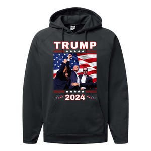 Trump 2024 Pennsylvania Rally Fist Raised American Flag Performance Fleece Hoodie