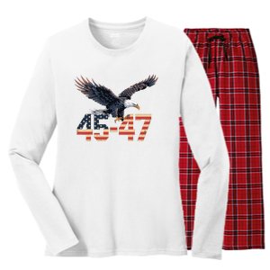 Trump 2024 President 45 And 47 American Flag Trump 2024 Women's Long Sleeve Flannel Pajama Set 