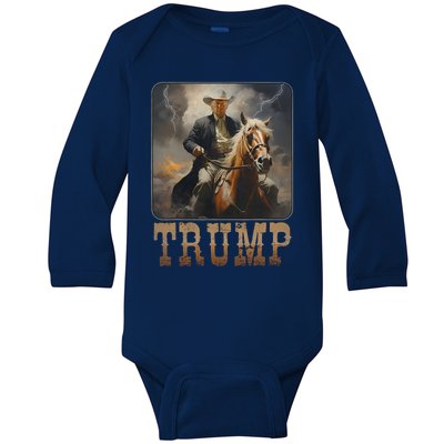 Trump 2024 President Cowboy Riding Horse Western Usa Maga Baby Long Sleeve Bodysuit