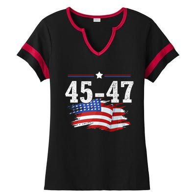 Trump 2024 President 45 And 47 American Flag Trump 2024 Ladies Halftime Notch Neck Tee