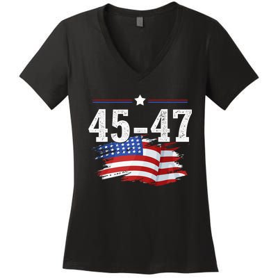 Trump 2024 President 45 And 47 American Flag Trump 2024 Women's V-Neck T-Shirt