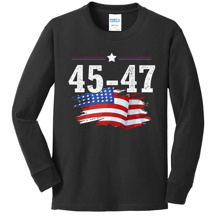 Trump 2024 President 45 And 47 American Flag Trump 2024 Kids Long Sleeve Shirt