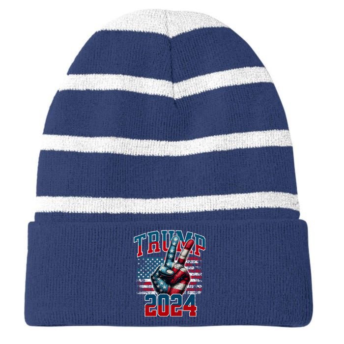 Trump 2024 Peace Sign Striped Beanie with Solid Band