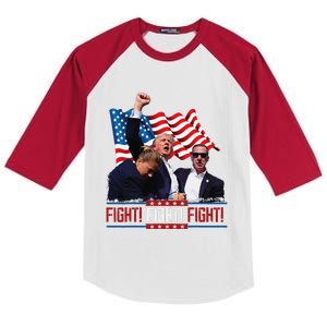 Trump 2024 President Fight Bloodied Fist Pumping Of Legend Kids Colorblock Raglan Jersey