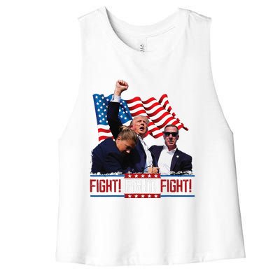 Trump 2024 President Fight Bloodied Fist Pumping Of Legend Women's Racerback Cropped Tank