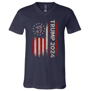 Trump 2024 President 45 And 47 American Flag Trump 2024 Back V-Neck T-Shirt