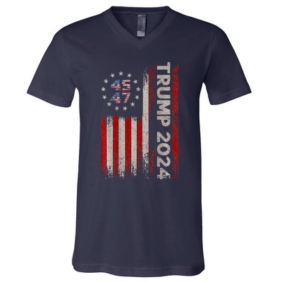 Trump 2024 President 45 And 47 American Flag Trump 2024 Back V-Neck T-Shirt