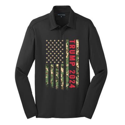 Trump 2024 President American Flag Camouflage Camo Veteran Cool Gift Silk Touch Performance Long Sleeve Polo